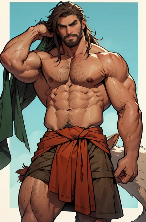 An cavemen, hot muscular male, exaggeratedly tall man, cavemen, florest background,