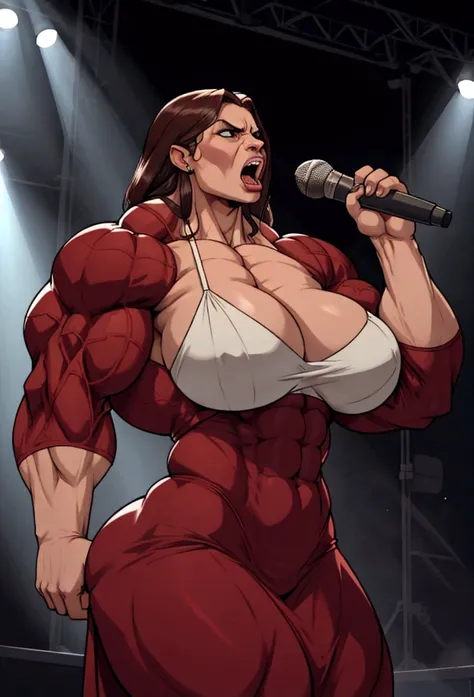 huge mom woman with muscles  sings angry on stage big tits