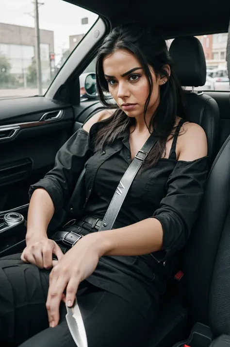 angry women site in car with knife and see in glass 