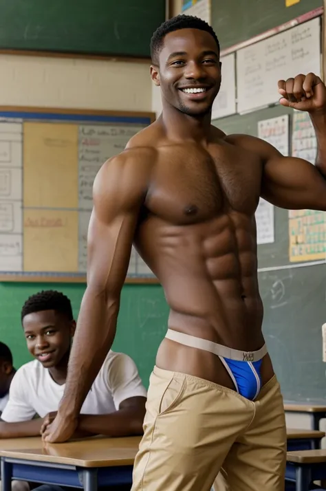 portrait of a strong African male smiling in jock strap and shirtless in classroom in front of elementary male blonde students, day, foggy