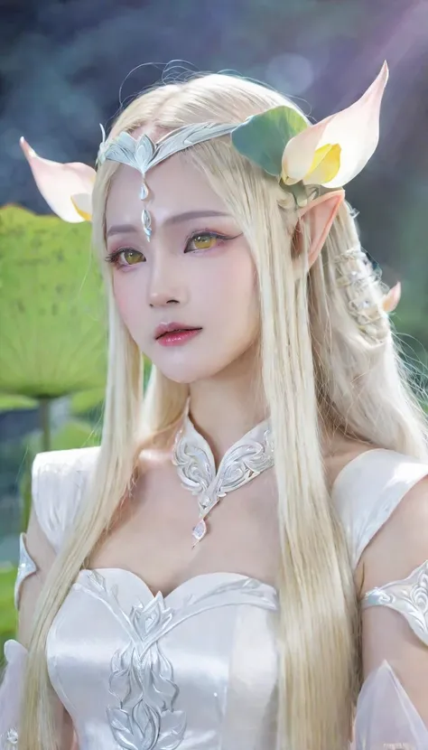 1woman, elven ears, white god, light blonde hair, longest hairstyle, glowing yellow eyes, white lotus, white light princess, elegant thai dress,