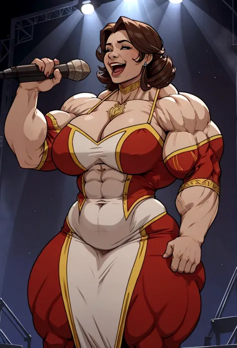 huge mom woman with muscles  sings happy on stage live