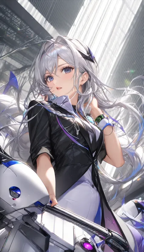 Azur Lane))、(((Graypoi Silver Hair)))、(Enterprise)、Beautiful breasts Director&#39;s hat、White clothes、Black jacket、aircraft carrier、Cool Women、 (Perfect hands, Perfect Anatomy),, Anime Girls, best anime 4k, wallpaper, Detailed digital anime art, Detailed a...