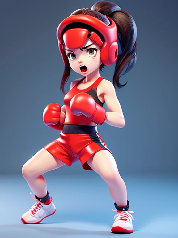 woman fighter in fighting pose expression of anger, boxing gloves, sleeveless shirt.