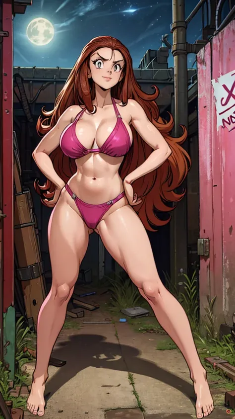 ((Masterpiece)), ((best quality)), very detailed, Detailed background, 1 woman, wavy brown hair, conjunctivitis, sly face , smile , pink bikini , abdomen, big breasts , Long legs , Put your hands on your hips... , Barefoot , abandoned factory, at night