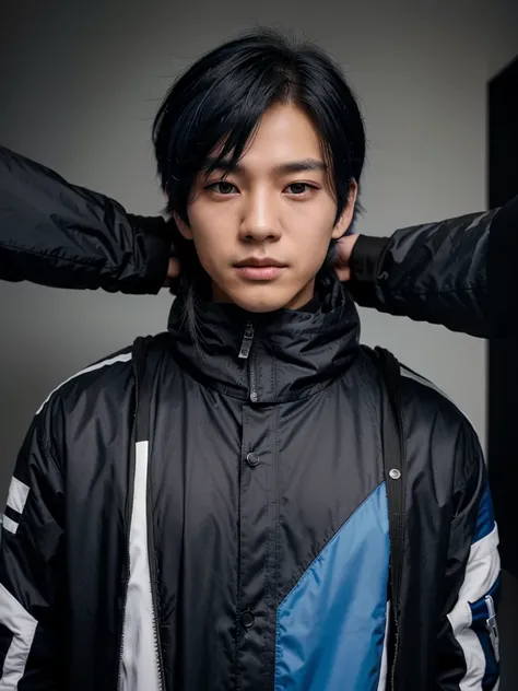 a handsome, realistic Korean teenage boy, blue eyes, coma hair with black and white hair dye, slightly messy hair, wearing a black jacket with a high neck covering his neck, and on the neck of the jacket there is a name in blue that says "1995", medium loo...