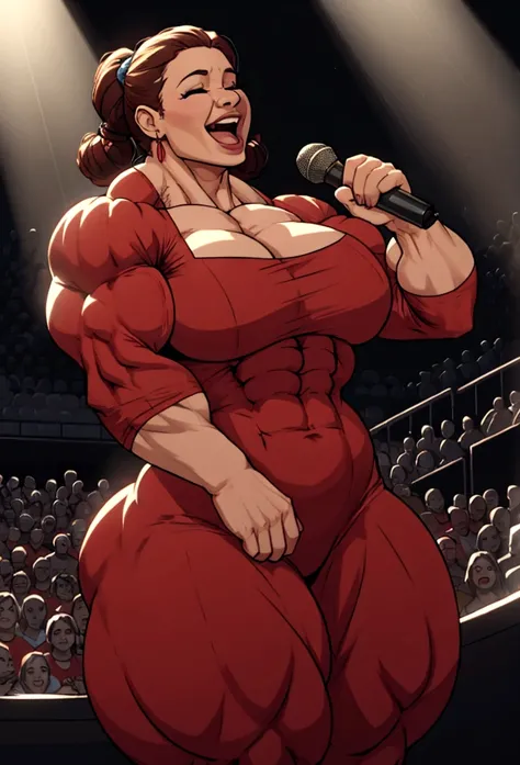 huge mom woman with muscles  sings happy on concert