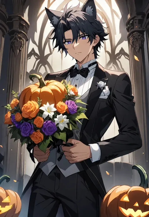 1boy, 25 years old refresh handsome holy knight man, wolf ear headband,top wearning tuxedo jacket and bottom wearning swimsuit, having Halloween pumpkin and wedding bouquet, Halloween and dark wedding chapel, middle muscler, knight is fall into darkness, j...