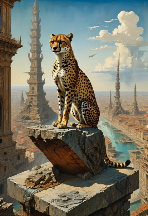 A Cheetah, by Max Ernst, best quality, masterpiece, very aesthetic, perfect composition, intricate details, ultra-detailed