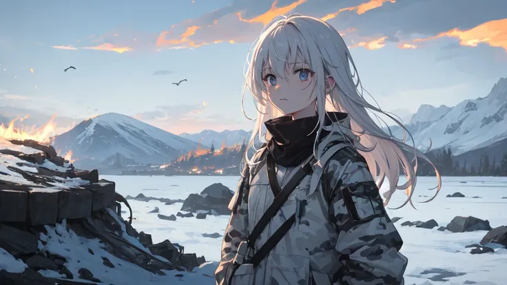 masterpiece:1.2), best quality , 独奏 ,pixiv, anime girl ，long straight white hair , black eyes ,wearing off-white camouflage unif...