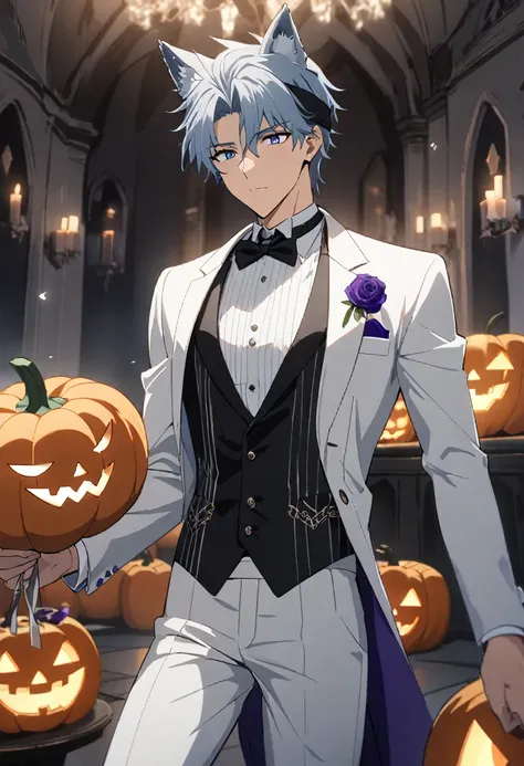 1boy, 25 years old refresh handsome holy knight man, wolf ear headband,top wearning tuxedo jacket,bottom wearning swimsuit,having Halloween pumpkin and wedding bouquet, Halloween and dark wedding chapel, middle muscler, knight is fall into darkness, japan ...