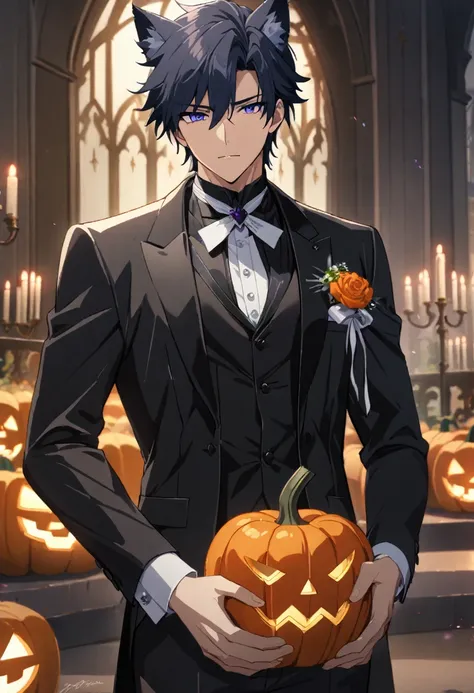 1boy, 25 years old refresh handsome holy knight man, wolf ear headband,top wearning tuxedo jacket,bottom wearning swimsuit,having Halloween pumpkin and wedding bouquet, Halloween and dark wedding chapel, middle muscler, knight is fall into darkness, japan ...