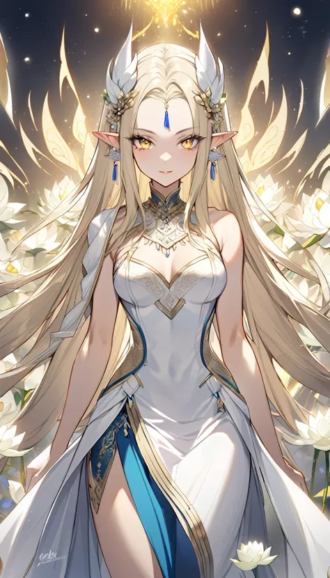 1woman, elven ears, white god, light blonde hair, longest hairstyle, glowing yellow eyes, white lotus, white light princess, elegant thai dress,