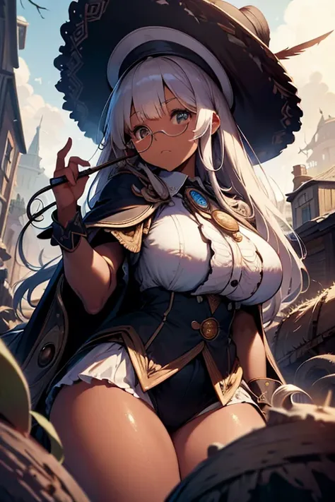 (masterpiece:1.2),Detailed explanation, Awards, high quality, High resolution, HD, 4K,8K,high quality,(professional illustration:1.1),(Chewy breasts,tender breasts:1.3),Thighs focus,(dark skin:1.2),white hair,(loli:1.1),cape,poncho,Fuzz hair,Flowing hair,m...