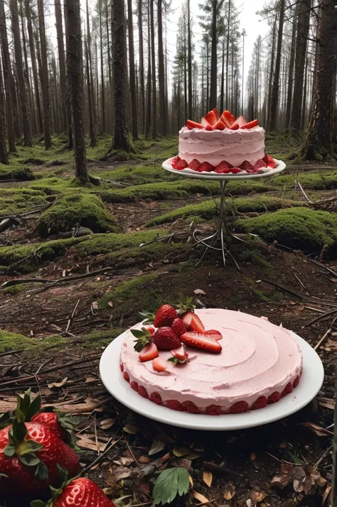 Strawberry cake in a desolate forest 