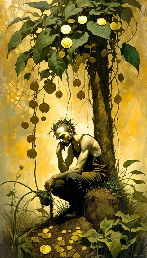 A farmer leaning on his hoe watches in disbelief as 7 gold coins grow from a leafy plant. (Dave Mckean inspired art, intricate details, oil painting)
