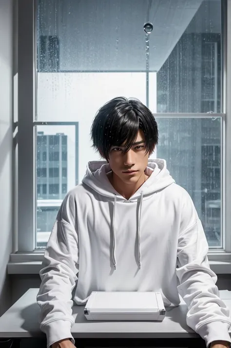  A anime boy with white baggy hoody sitting behind a gaming table facing forward towards camera  in a room with volumetric light and behind him is a window while its raining. He looks like a business man entrepreneur and have a gaming room high quality cen...