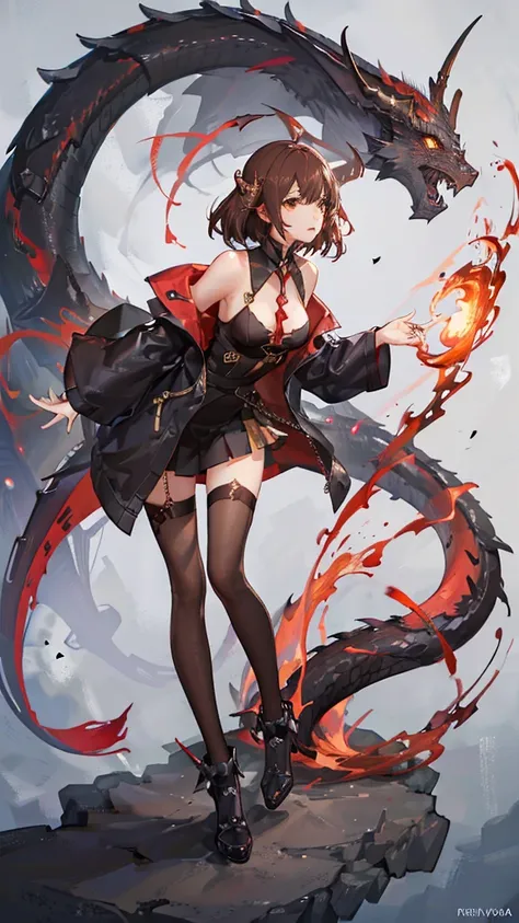 Pretty girl, Brown hair, brown eyes, period dress, she is surrounded by two monstrous shadows, one red and one black in the shape of a dragon, as if she were losing control of her powers.