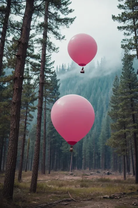 A pink balloon in a desolate forest 