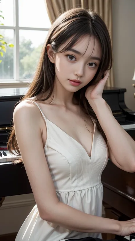 ((Beautiful girl playing piano in the living room, Practicing the piano, super detailed piano)), Mystical Morning, clear々A nice morning, Window, Foliage plant, (15 years old, Baby Face:1.2), (clear楚な衣装), Small breasts, ((Detailed eyes and face, Professiona...