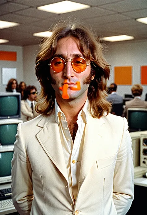 John lennon, very long jesus-like hair, round orange sunglasses, white suit and pants, ugly dry and plump lips, 1970s british office background, 80s sitcom style.