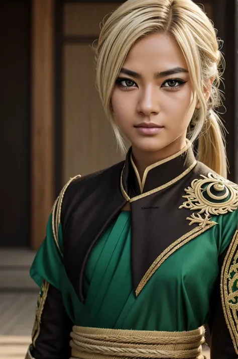 Could you create a genshin impact character, Women, BROWN SKIN, one green eye and one black eye and a blonde lock