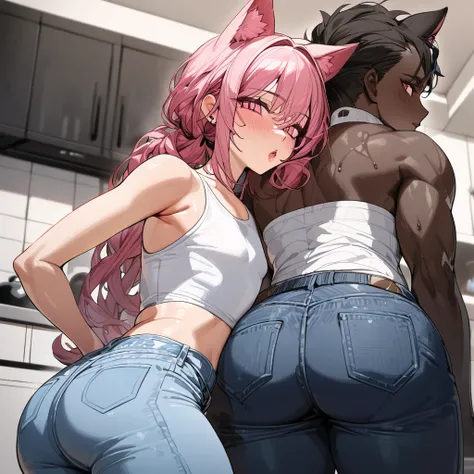 Best quality, highly detailed, ultra detailed, 1 very Dark brown skin boy, chocolate skin, flat chest, male chest, curvy body, long dreadlocks, pink dreadlocks, pink eyes, cat ears, lipgloss, wearing white croptop, denim mom jeans, booty, kitchen backgroun...