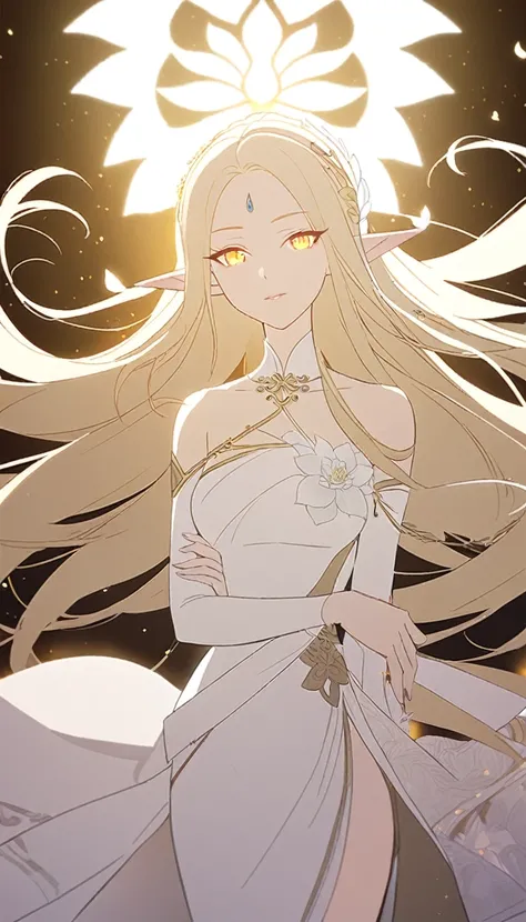 1woman, elven ears, white god, light blonde hair, longest hairstyle, glowing yellow eyes, white lotus, white light princess, elegant thai dress,