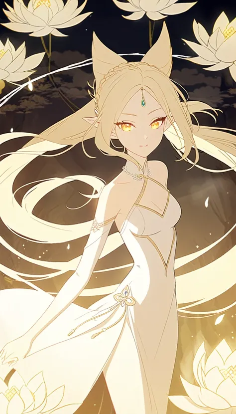 1woman, elven ears, white god, light blonde hair, longest hairstyle, glowing yellow eyes, white lotus, white light princess, elegant thai dress,