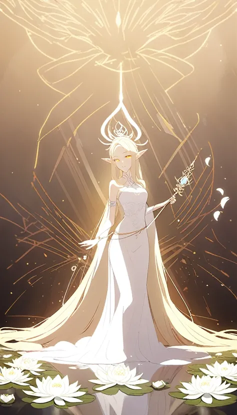 1woman, elven ears, white god, light blonde hair, longest hairstyle, glowing yellow eyes, white lotus, white light princess, elegant thai dress,