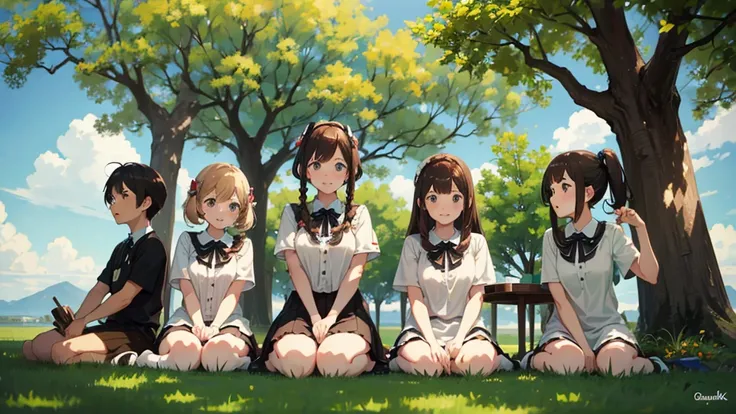 The quintuplets sitting under the shade of a tree 