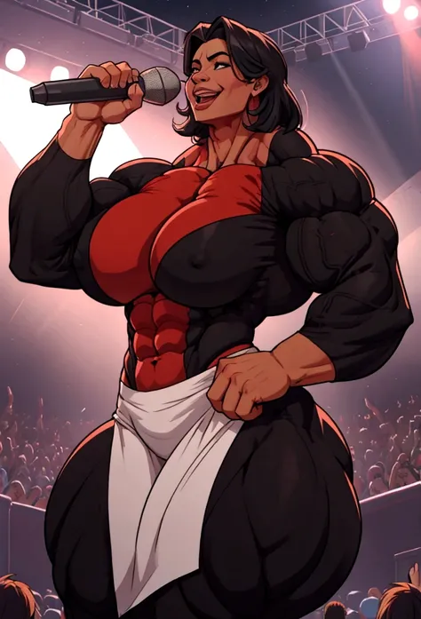 huge mom woman with muscles hard abs singshard pecs  happy on concert