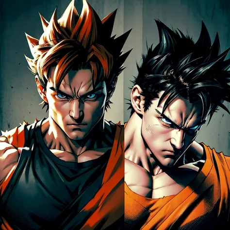 Son goku, a messy spiky black hairstyle, dark-colored eyes, and facial features, softer cute eyes, but an expression of determination on his face, a kind demeanor, and a lighter-pale skin, strong, defined muscles,  pale orange and dark blue clothing, Tough...