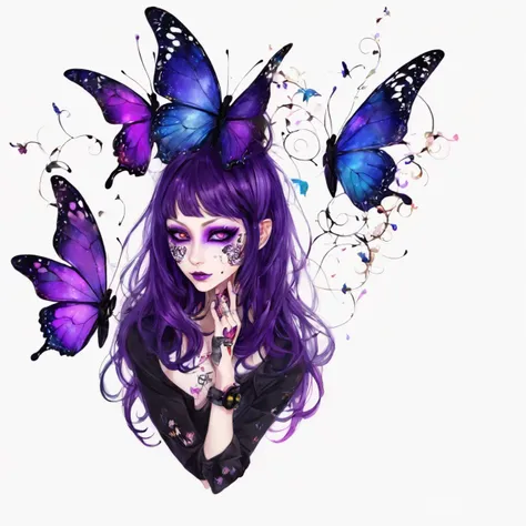 The whole body is purple、Cat Eyes、Sanpakugan gothic makeup、Punk makeup like a rock band、頭にbutterflyの羽が生えている、butterfly々or have tattoos with alien motifs、