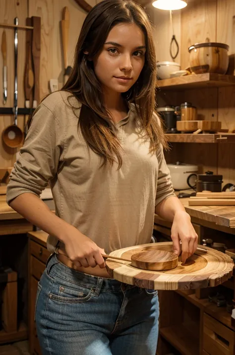 A beautiful girl was in a woodworking workshop turning wood to make a wooden bowl