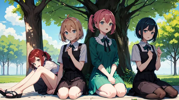 The anime quintuplets sitting under the shade of a tree 