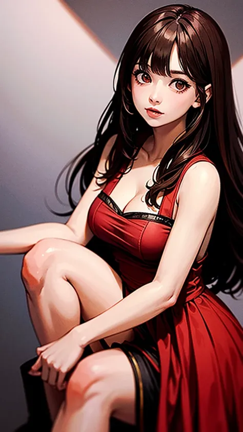 pretty girl, brown hair, brown eyes, period dress, she is surrounded by two monstrous shadows, one red and one black