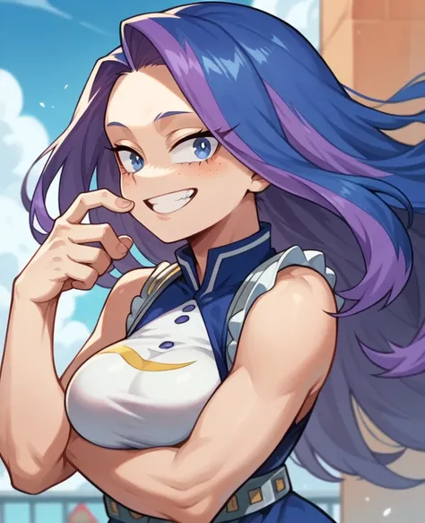 Screenshot of My Hero Academia, a girl with , long hair, almost black, blue with purple highlights., with sapphire blue eyes and purple shadow with a tender look with purple freckles and happy wearing the boku no hero academia UA style