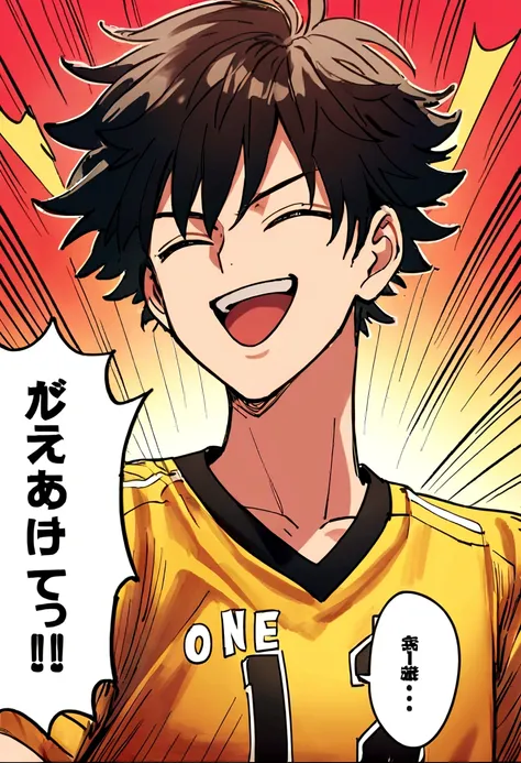 A young anime boy character with short, dark hair smiles brightly, their eyes closed, with a triumphant expression. They are wearing a black and gold sports jersey with a red stripe. The background is a vibrant red with manga-style speech bubbles and lines...