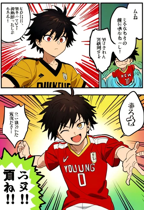 A young anime boy character with short, dark hair smiles brightly, their eyes closed, with a triumphant expression. They are wearing a black and gold sports jersey with a red stripe. The background is a vibrant red with manga-style speech bubbles and lines...