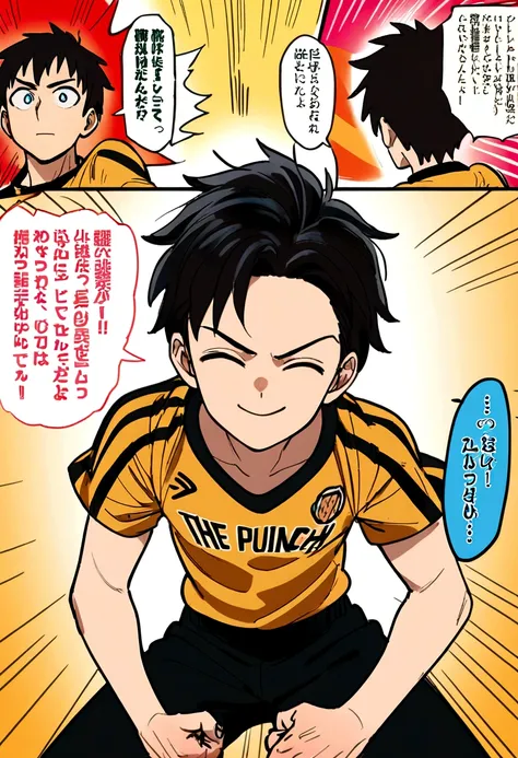 A young anime boy character with short, dark hair smiles brightly, their eyes closed, with a triumphant expression. They are wearing a black and gold sports jersey with a red stripe. The background is a vibrant red with manga-style speech bubbles and lines...