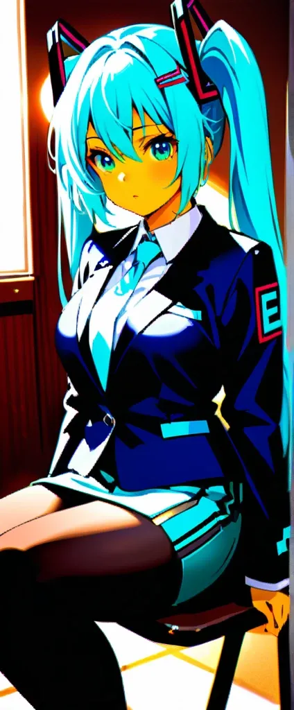 1girl,Japanese,22 old,(chubby),light Hatsune Miku, semi long hair,(bussiness woman’s  recruit suit),(navyblue blazer),(navybrue pencil skirt),(black pantyhose),at office,sitting on chair,sun Light,ultra-detailed, Photorealistic,extremely detailed,4K,8K,hig...