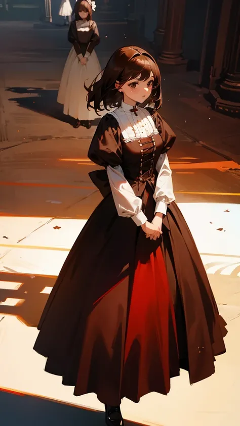 Pretty girl, Brown hair, brown eyes, period dress, she is surrounded by two shadows, one red and one black 