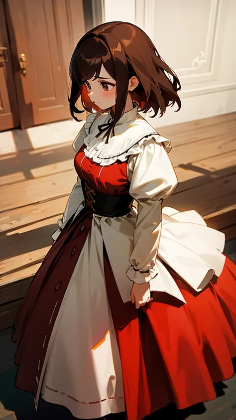 Pretty girl, Brown hair, brown eyes, period dress, she is surrounded by two shadows, one red and one black 