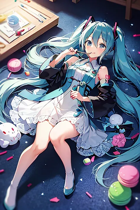 Hatsune Miku, royal dress with embroidered swirls, smile, candy land, holding a lollipop scepter, long hair, masterpiece, high-quality 