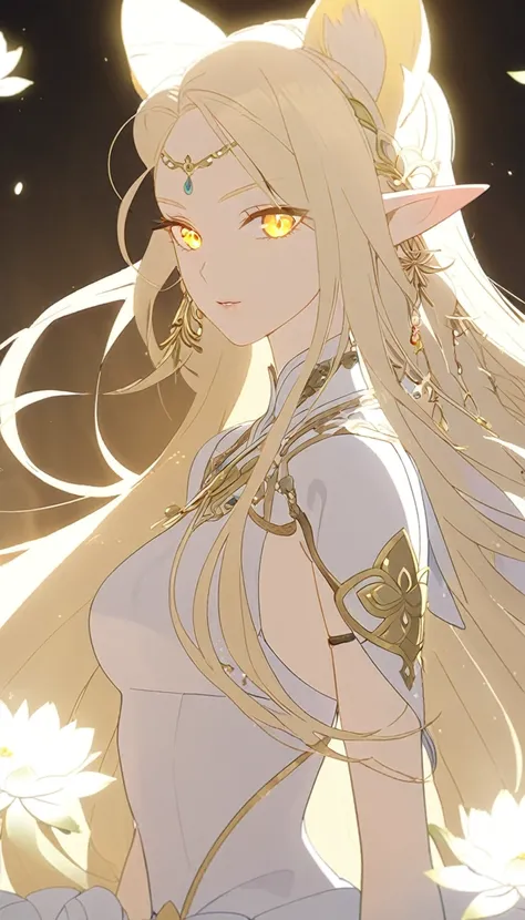 1woman, elven ears, white god, light blonde hair, longest hairstyle, glowing yellow eyes, white lotus, white light princess, elegant thai dress,