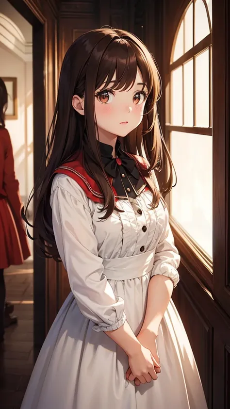 Pretty girl, Brown hair, brown eyes, period dress, she is surrounded by two shadows, one red and one black 