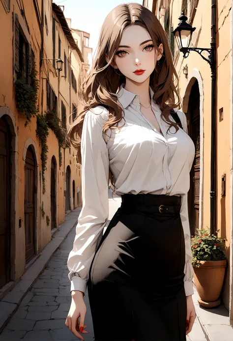 A photo of beautiful  italian woman with light makeup with long straight brown hair wearing a black skirt