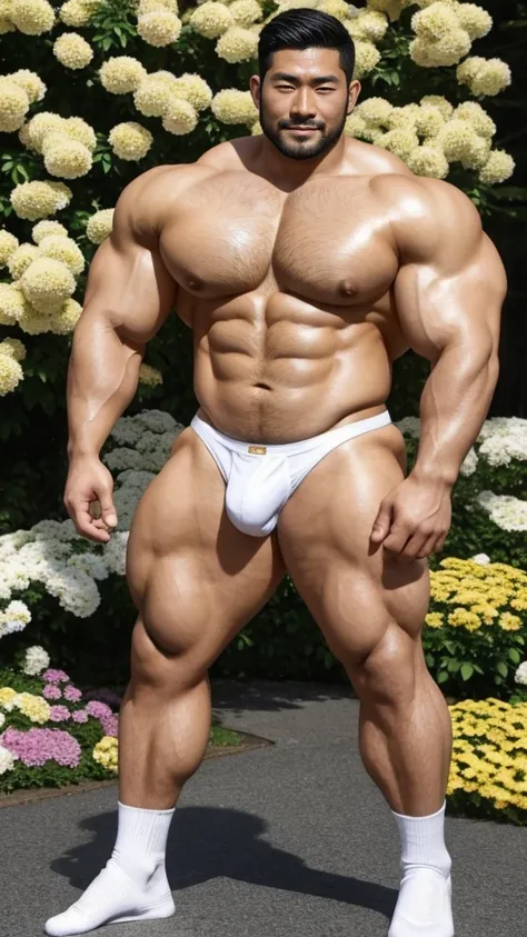 There is only one handsome Asian actor in the picture，30 years old，Tall and handsome, Toned body，short hair, O-Shaped Beard，Perfect body, Dark skin，Glowing skin，Smooth skin，The body is hairless，Muscle bulge, Muscular, Very large pectoral muscles，Very sexy ...