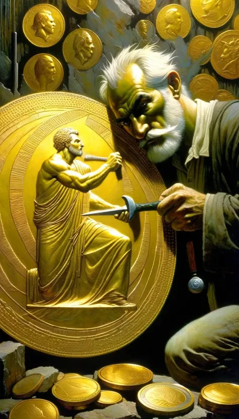 man works with hammer and chisel a large gold coin, around it there are seven other coins,(Dave Mckean inspired art, intricate details, oil painting)
